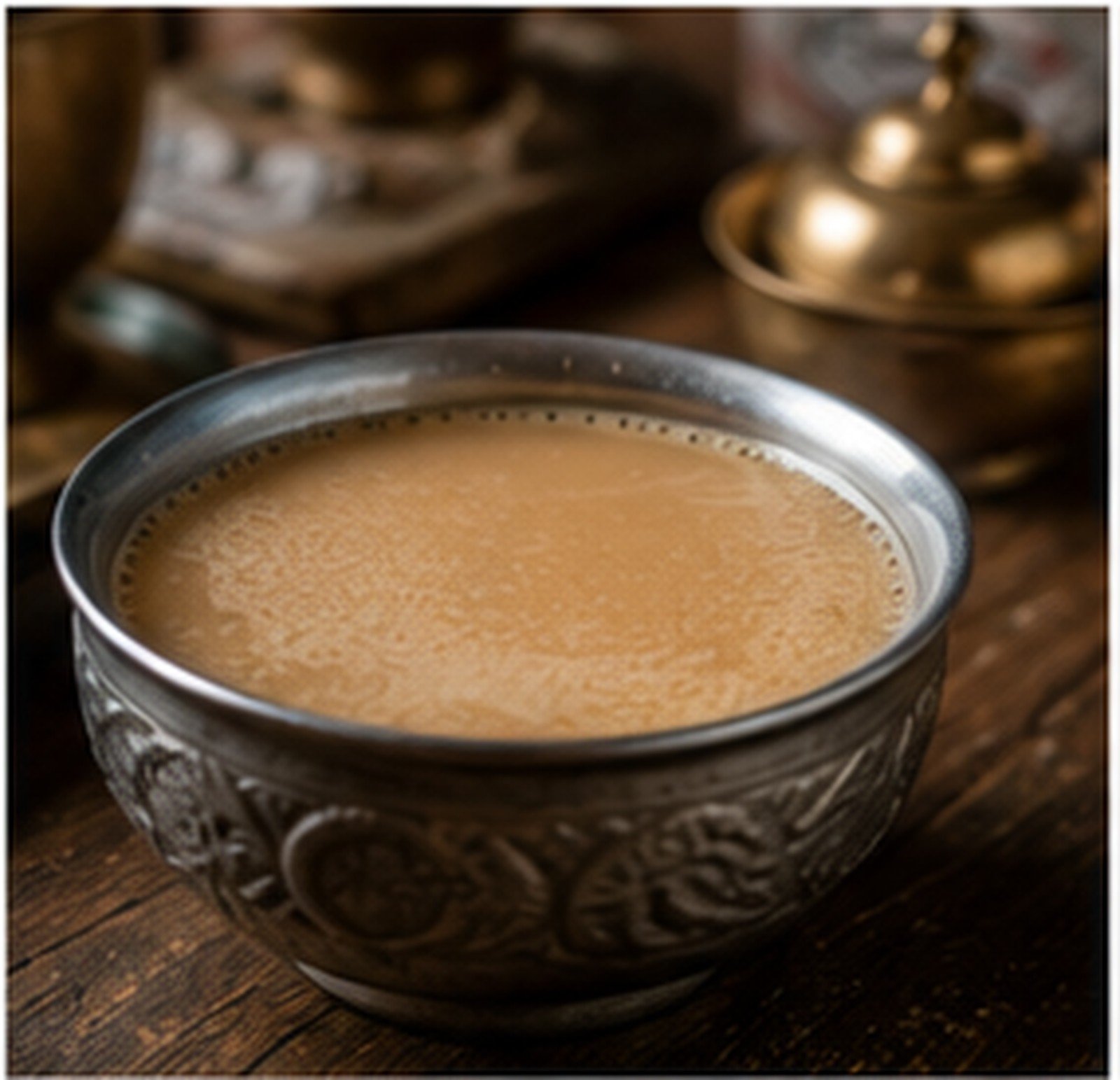 Butter tea served in a traditional metal bowl at The Yak Table