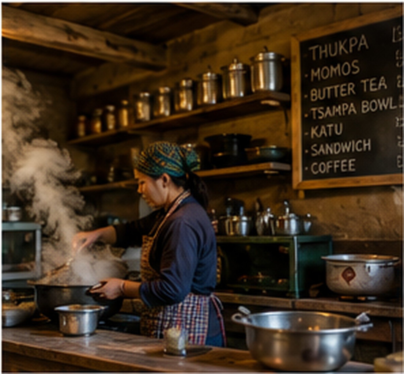 Cook preparing food in the open kitchen at The Yak Table